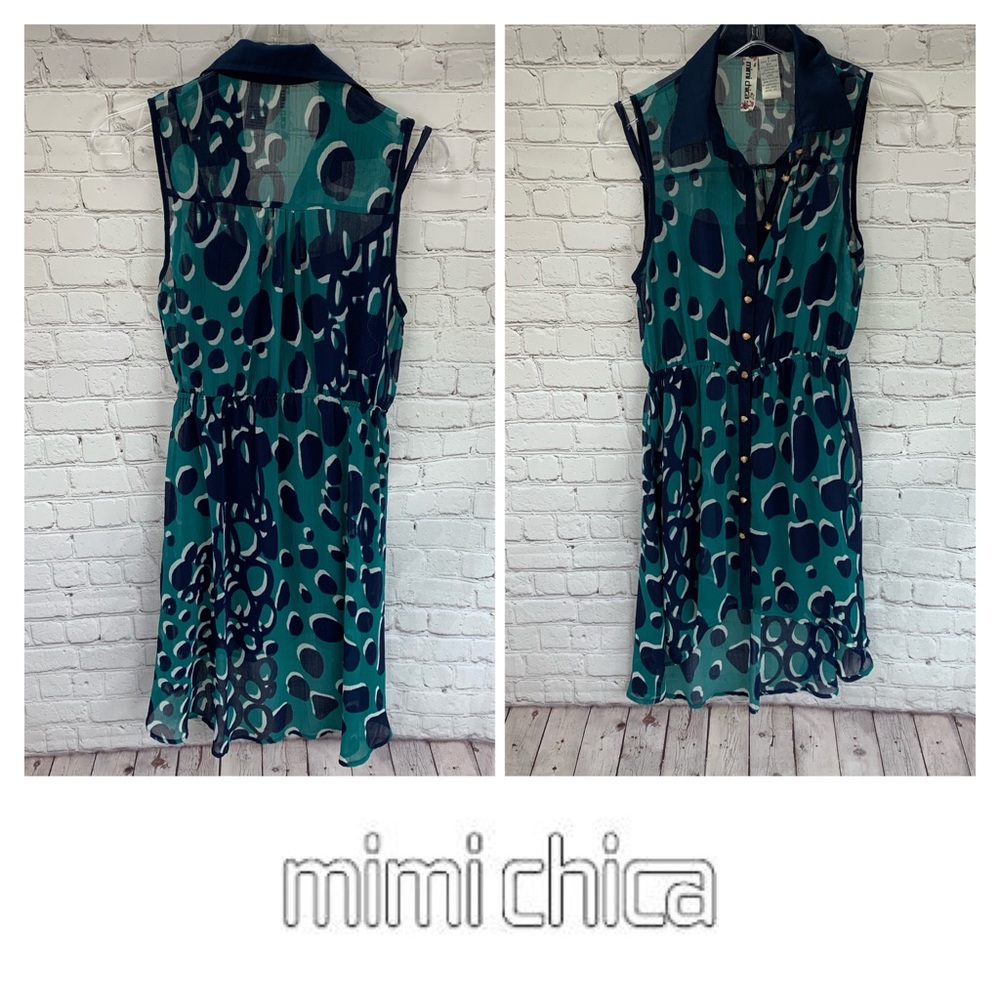 Mimi Chica Teal Navy Abstract Print Sleeveless Collared Button Front Dress Sz S - Picture 1 of 5